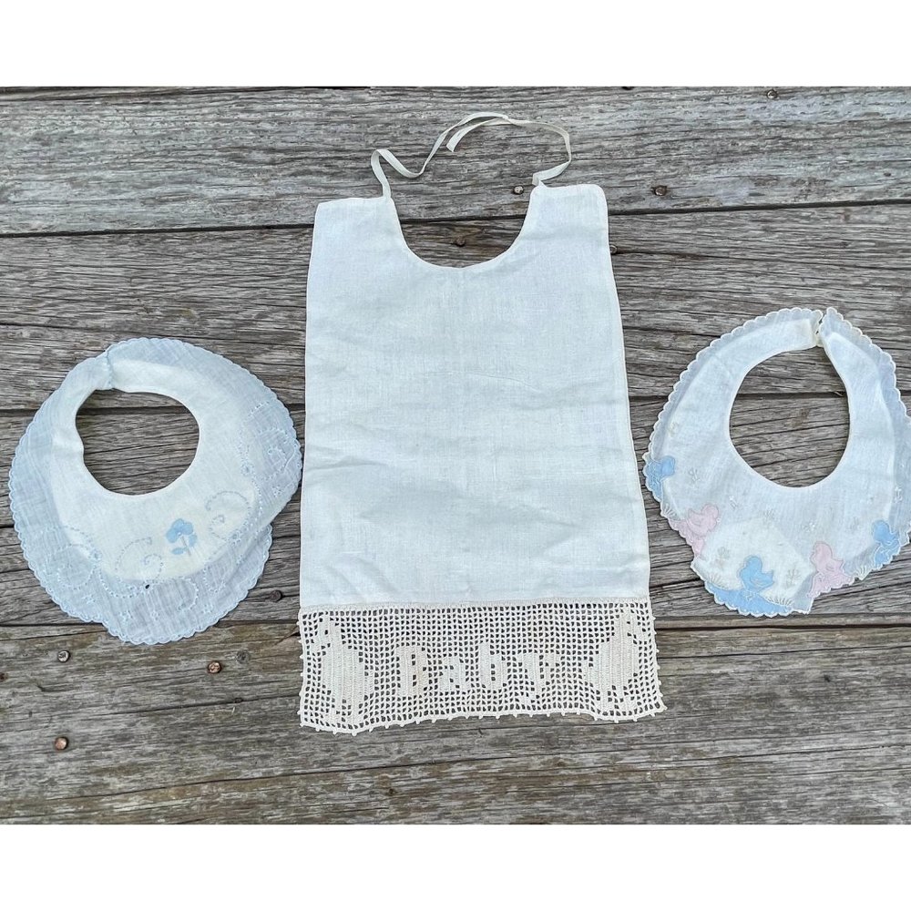 Antique 1930s Baby Bib Lot Linen crochet Lace Embroidery